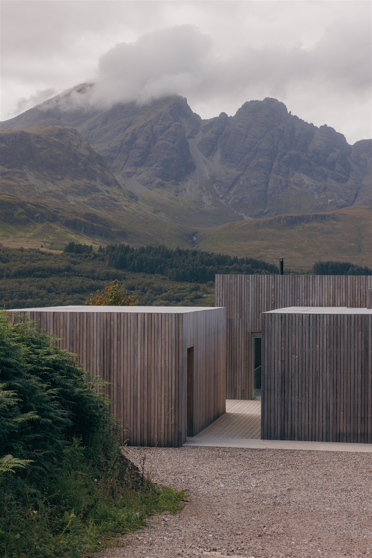 Torrin — approach through timber volumes beneath the Cuillin