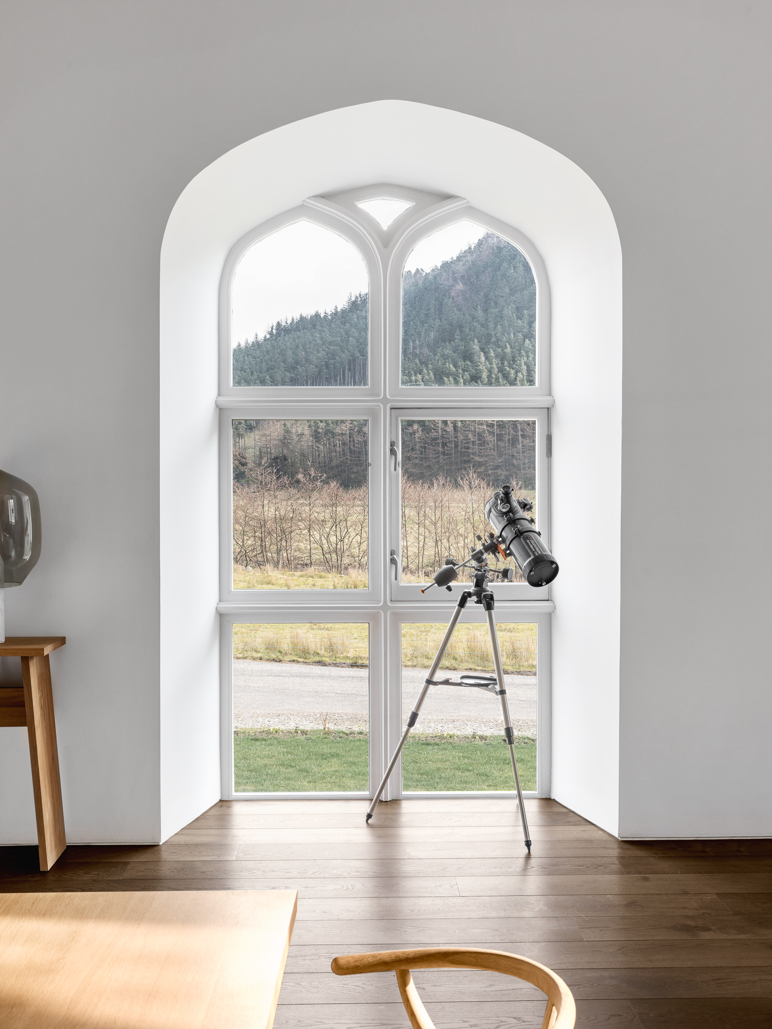 Carnoch Church — arched window and telescope