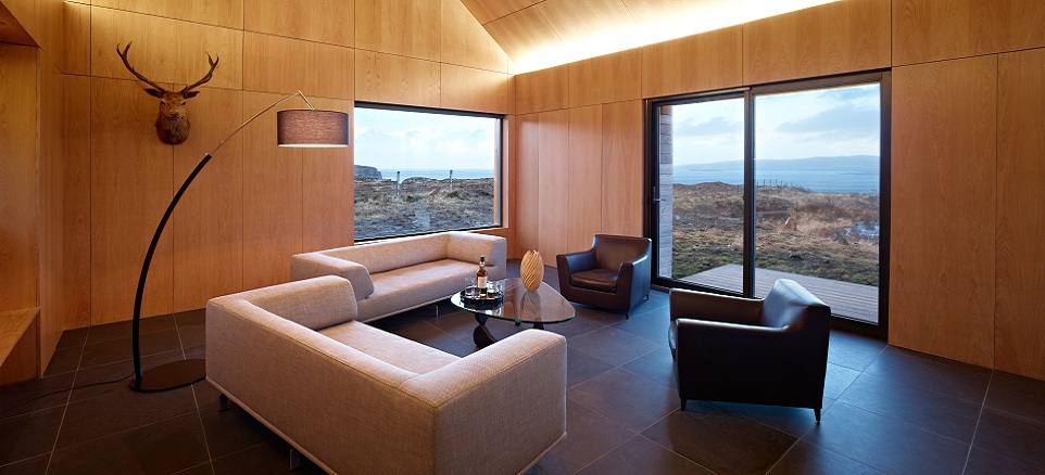 Interior of modern home, view of hills, bright inside